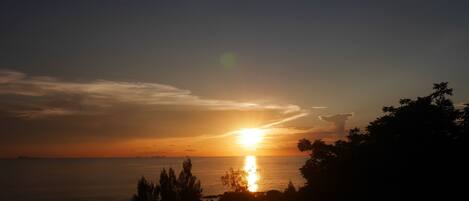 A sunset over a body of water with silhouettes of trees and a clear sky.
