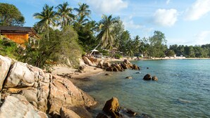 A coastal hotel with a rocky shoreline, palm trees, and clear blue skies. - Zama Resort (Ko Pha-ngan)