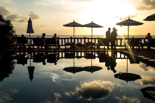 Outdoor pool, pool umbrellas, pool loungers