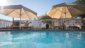 A swimming pool with lounge chairs and umbrellas. - Dornhügel Guestfarm (Grootfontein)