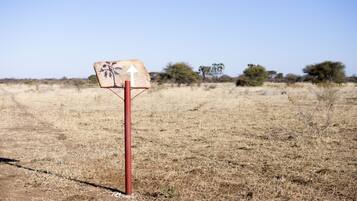 A sign with palm tree graphics and an arrow pointing upwards, set against a dry, grassy landscape with sparse trees.