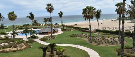 A resort with a pool, palm trees, and a beach view.