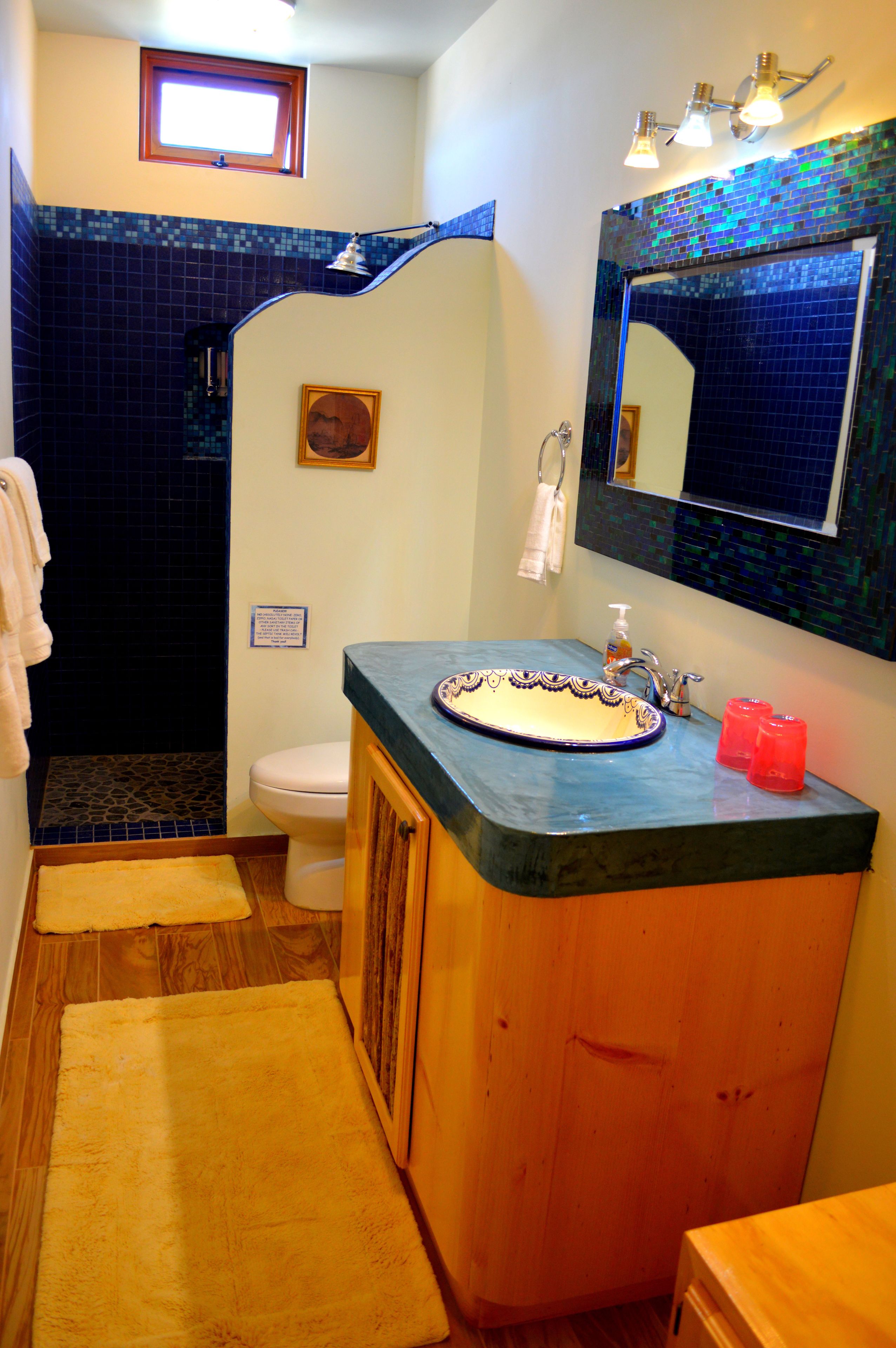 A bathroom with a blue-tiled shower, a white toilet, a wooden vanity with a sink, and a mirror above the sink.