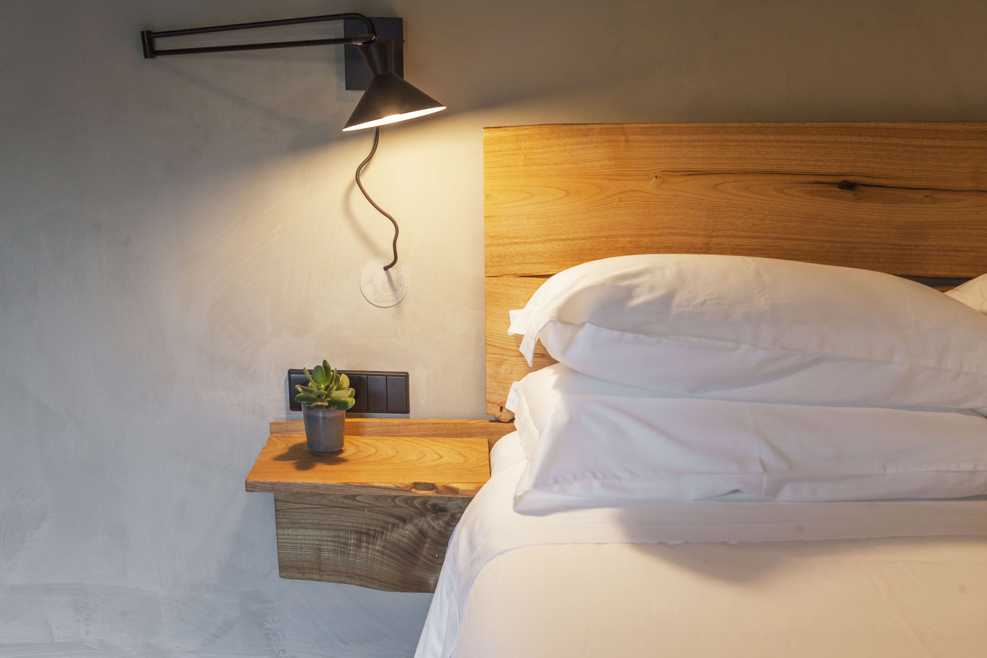 A neatly made bed with white linens, a wooden headboard, a bedside table with a small potted plant, and a wall-mounted lamp.