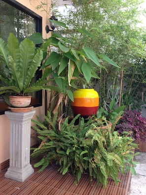 Una pianta in vaso su un piedistallo, un vaso grande e colorato, e diverse piante verdi in un giardino.