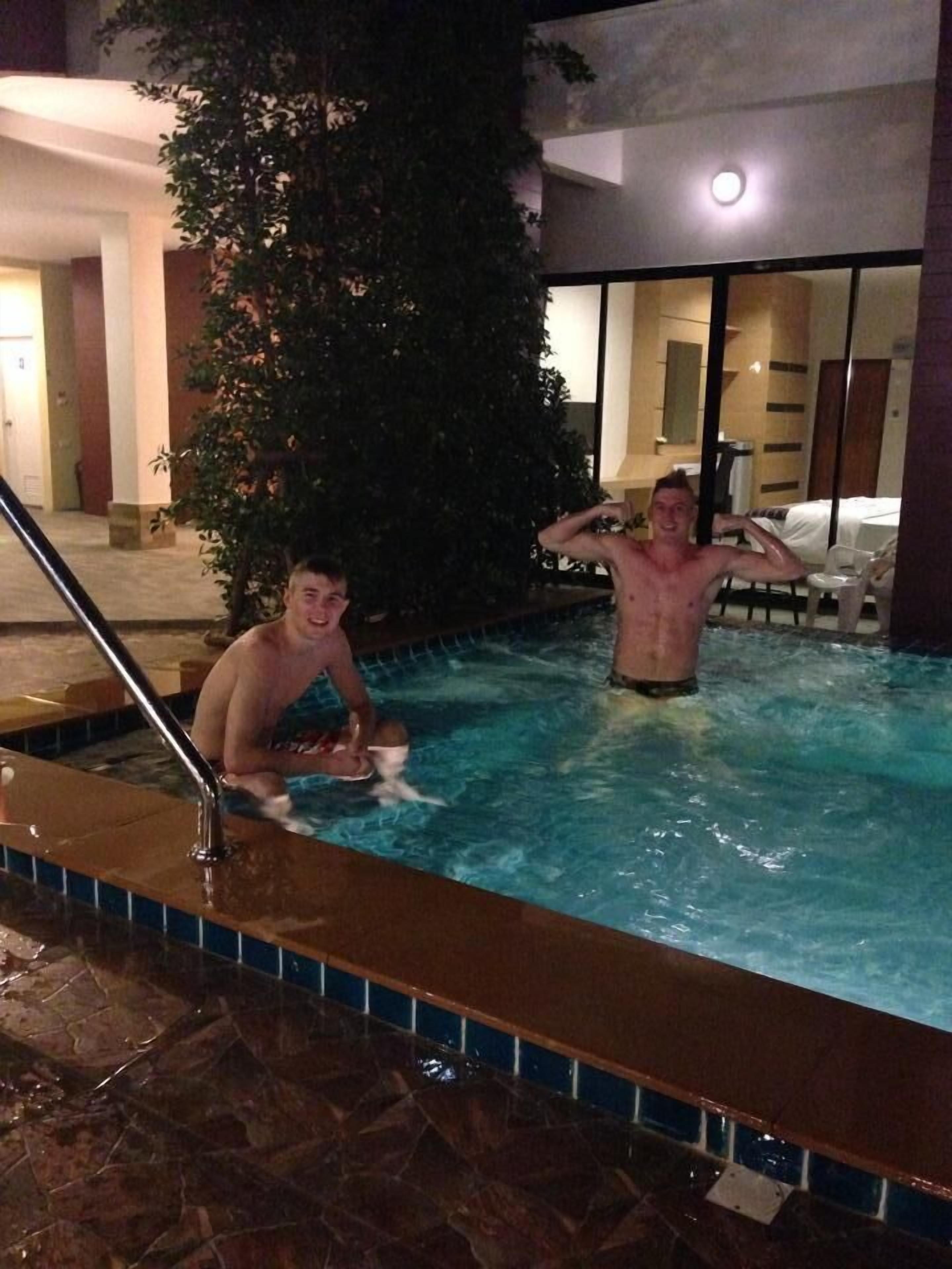 outdoor pool, pool umbrellas, pool loungers