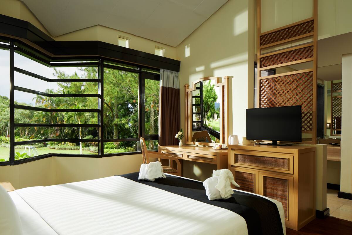 A hotel room with a large bed, a desk with a television, and a view of greenery through the window.