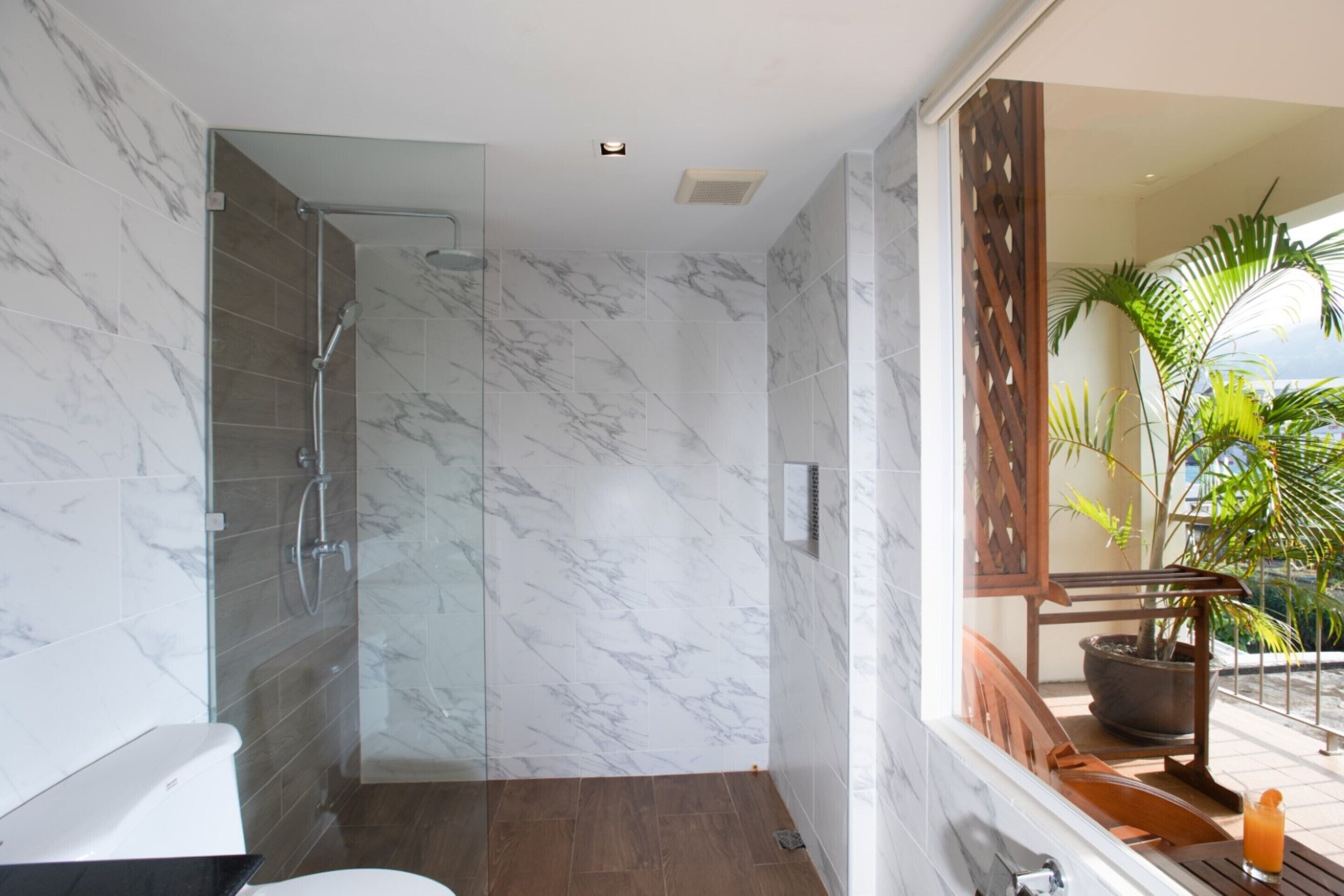 A modern bathroom with a glass-enclosed shower, marble walls, and a view of a balcony with plants.