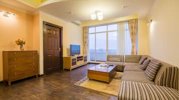 Apartamento de lujo, 2 habitaciones, cocina, vistas a la ciudad | Zona de estar | Una televisión LED, Netflix, un reproductor de DVD