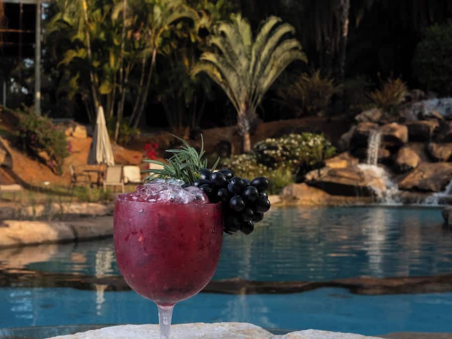 Un bicchiere di bevanda rossa con acini d'uva su una superficie di pietra, vicino a una piscina con palme e una cascata sullo sfondo.