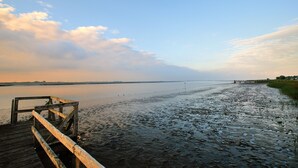 A wooden pier extending into calm waters with a clear sky above. - BE BIO Hotel be natural (Toenning)