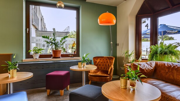 A cozy interior with a leather sofa, round wooden tables, and potted plants. - BE BIO Hotel be natural (Toenning)