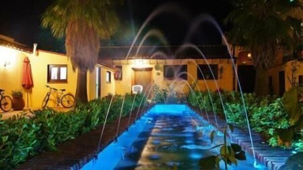 A pool with water jets, surrounded by greenery and a yellow building with windows and a door.