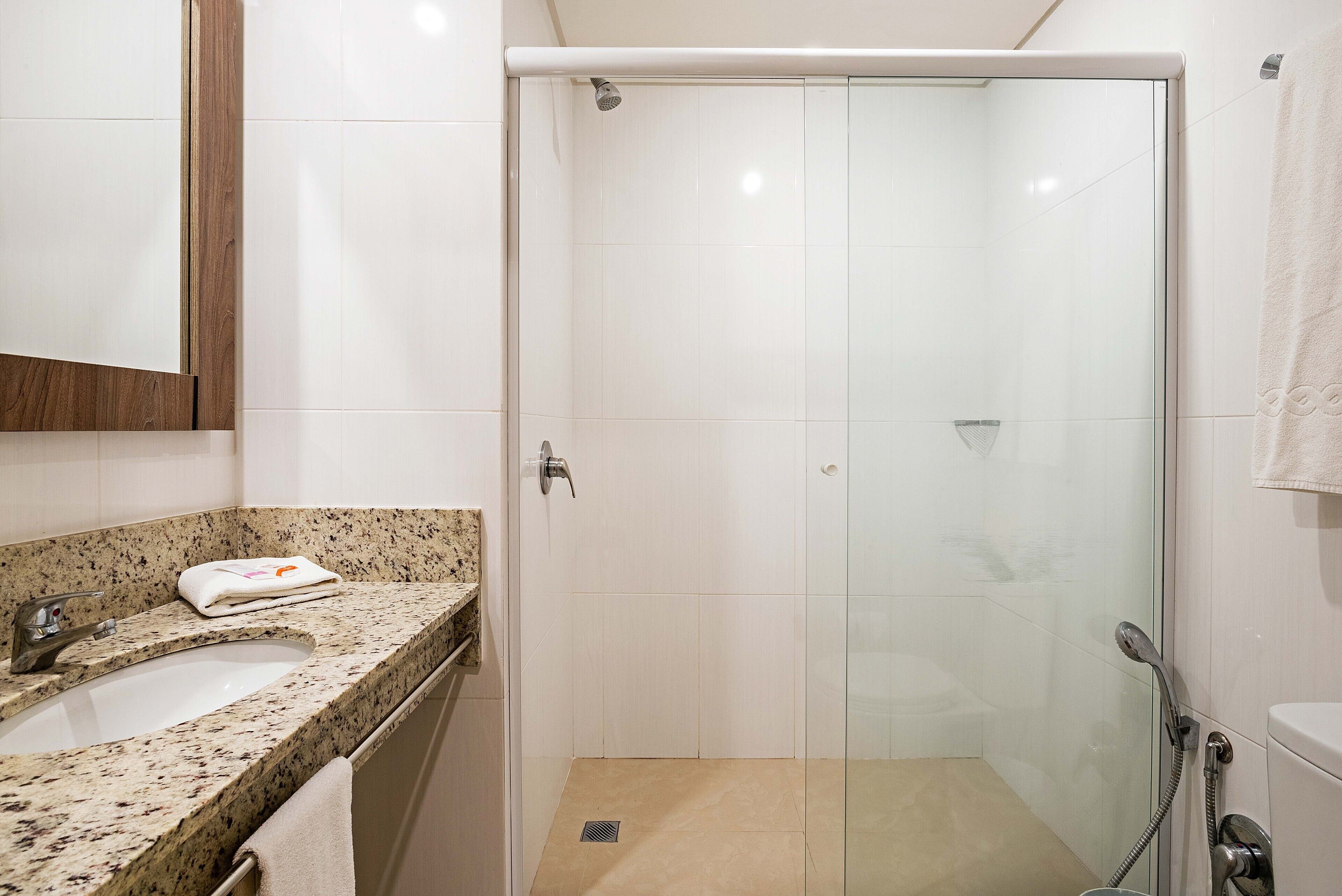 shower, free toiletries, hair dryer, towels