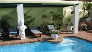 A swimming pool with a tiled edge, surrounded by lounge chairs and potted plants. - Kingna Lodge (Montagu)