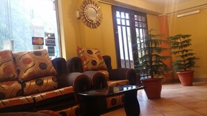 Un salon avec un canapé, une table basse et une plante en pot.