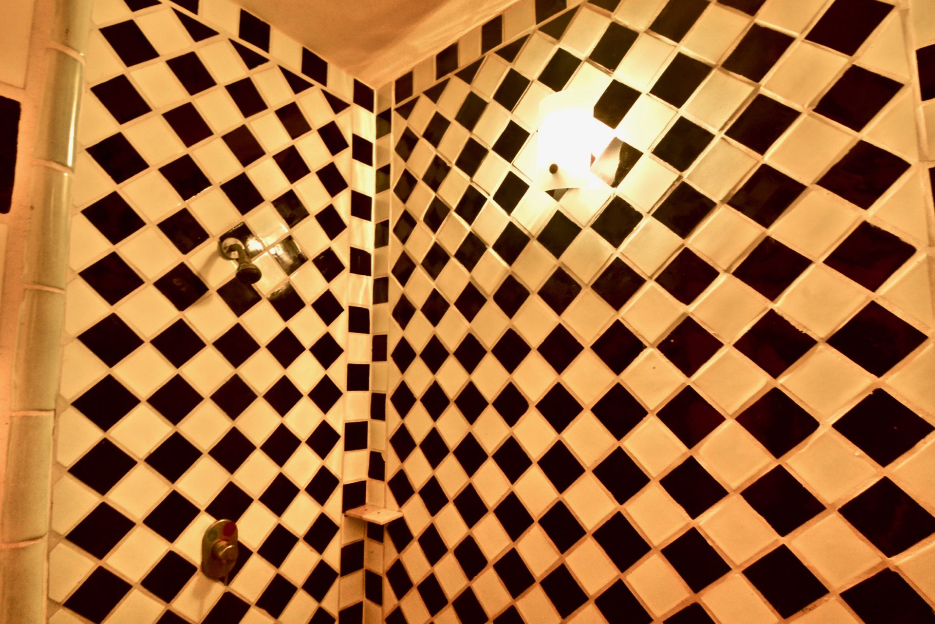 A bathroom with a black and white checkered tile pattern on the walls.