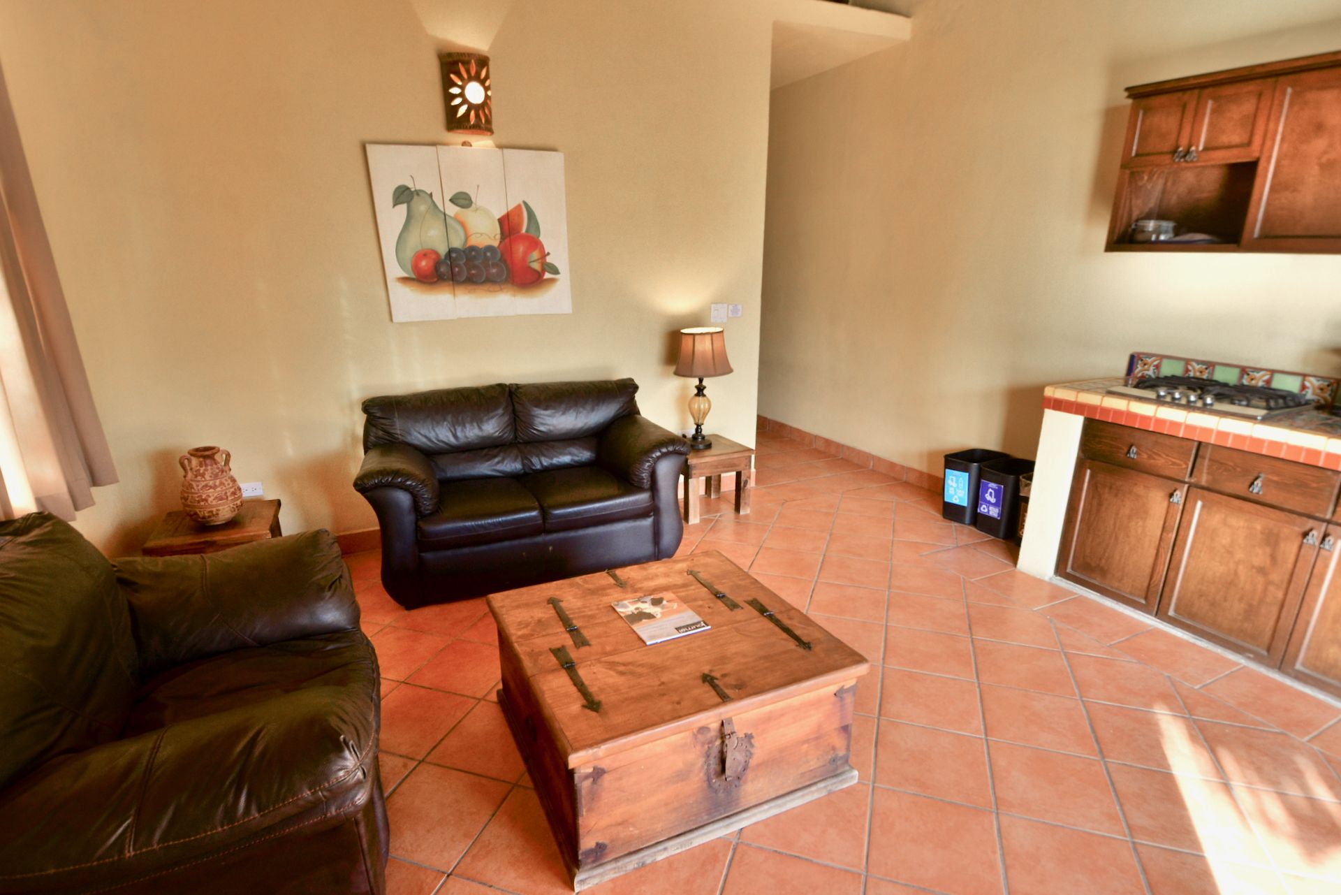 Una sala de estar con un sofá de cuero negro, una mesa de centro de madera, un cuadro de frutas en la pared, una mesita con una lámpara y una zona de cocina con armarios y una estufa.