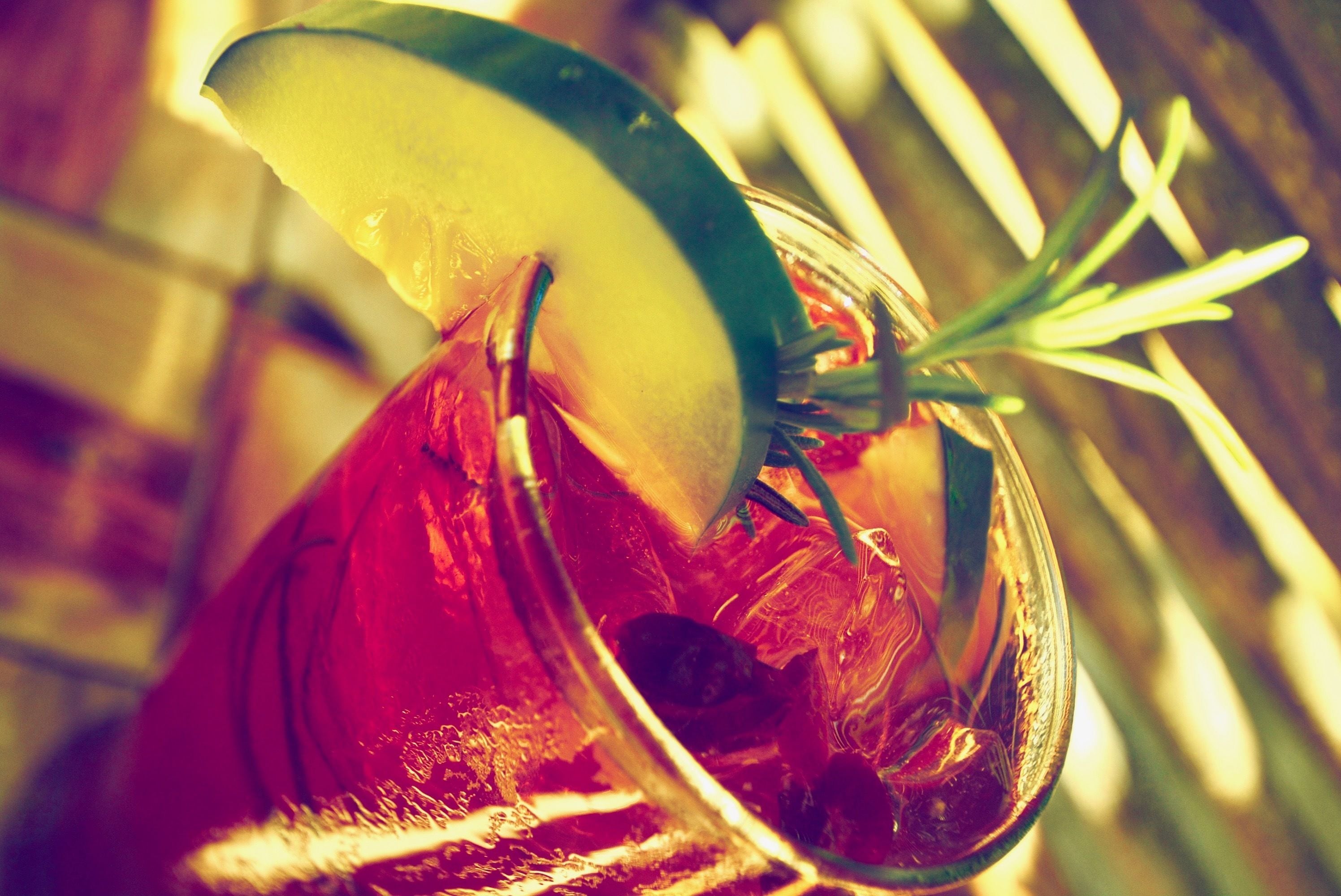 A close-up of a glass with a lime wedge and a sprig of rosemary.