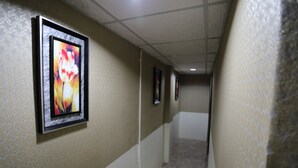 A hallway with patterned walls and framed artwork.