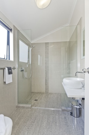 Regadera, amenidades de baño de diseñador, secadora de cabello, toallas