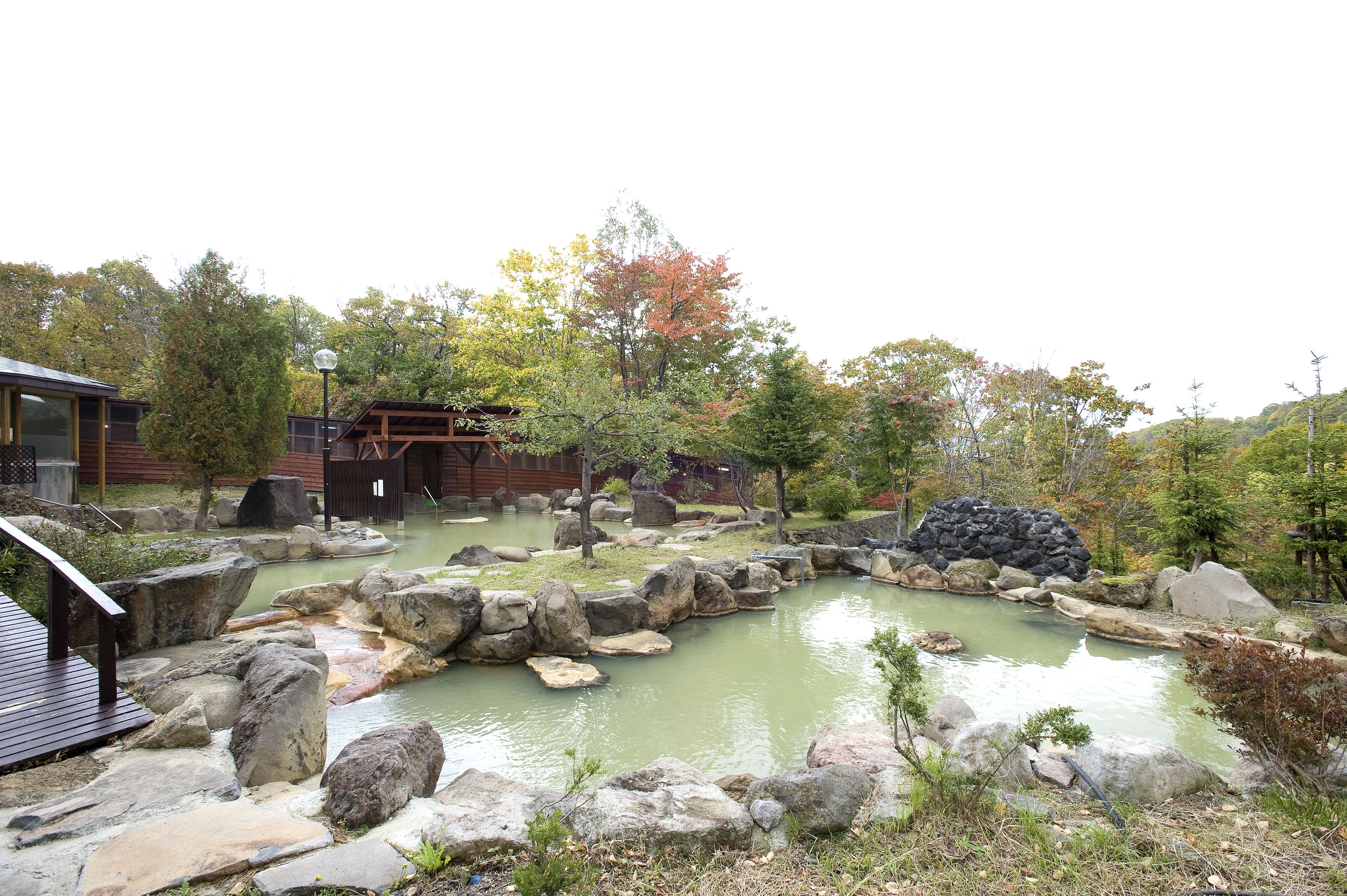 A traditional Japanese garden with a wooden bridge, koi pond, and stone lanterns.