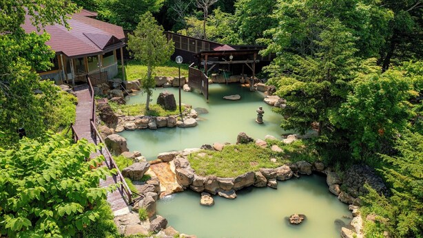 A traditional Japanese onsen with multiple hot springs, wooden walkways, and surrounding lush greenery. - Niseko Grand Hotel (Niseko)