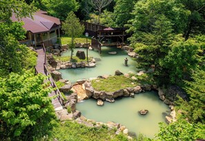 A traditional Japanese onsen with multiple hot springs, wooden walkways, and surrounding lush greenery. - Niseko Grand Hotel (Niseko)