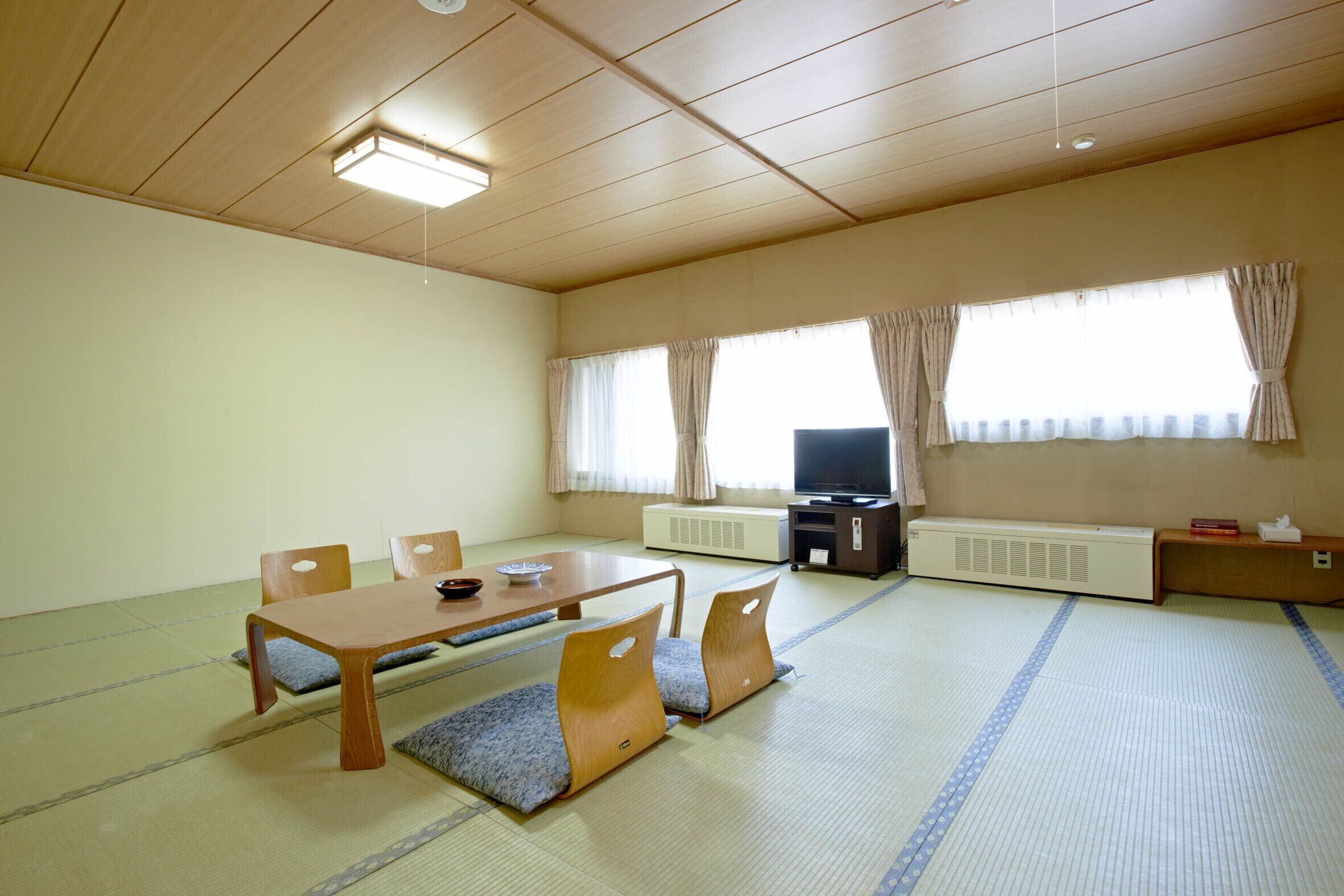 A room with tatami flooring, a wooden table with chairs, a television, and a heater.