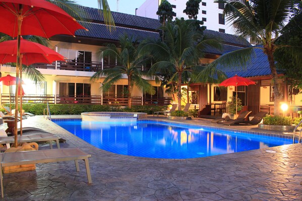 Outdoor pool, pool umbrellas, pool loungers