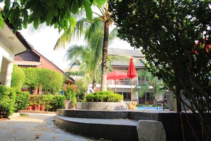 Outdoor pool, pool umbrellas, pool loungers