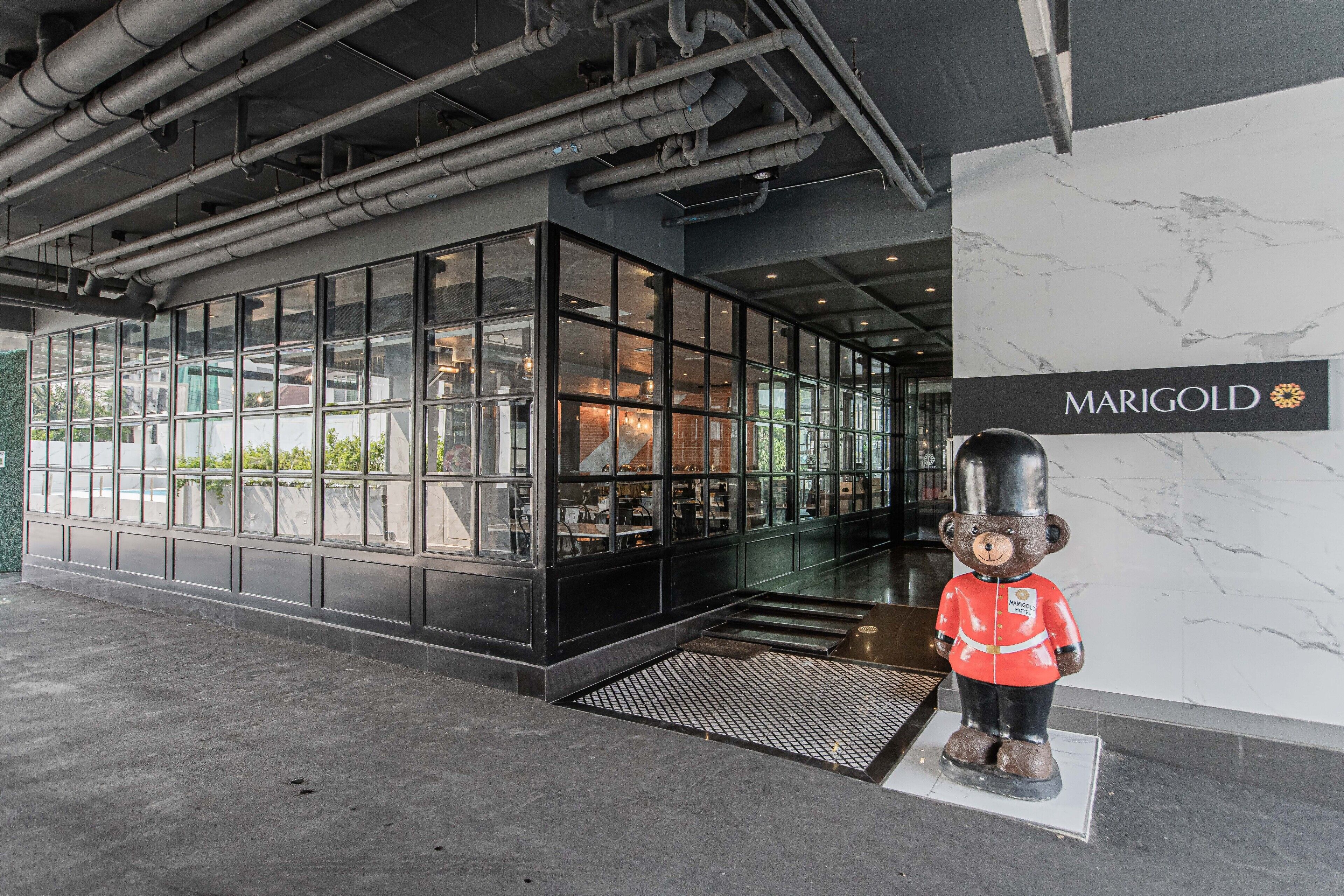 A modern building with large windows, a bear statue, and a sign reading "MARIGOLD".