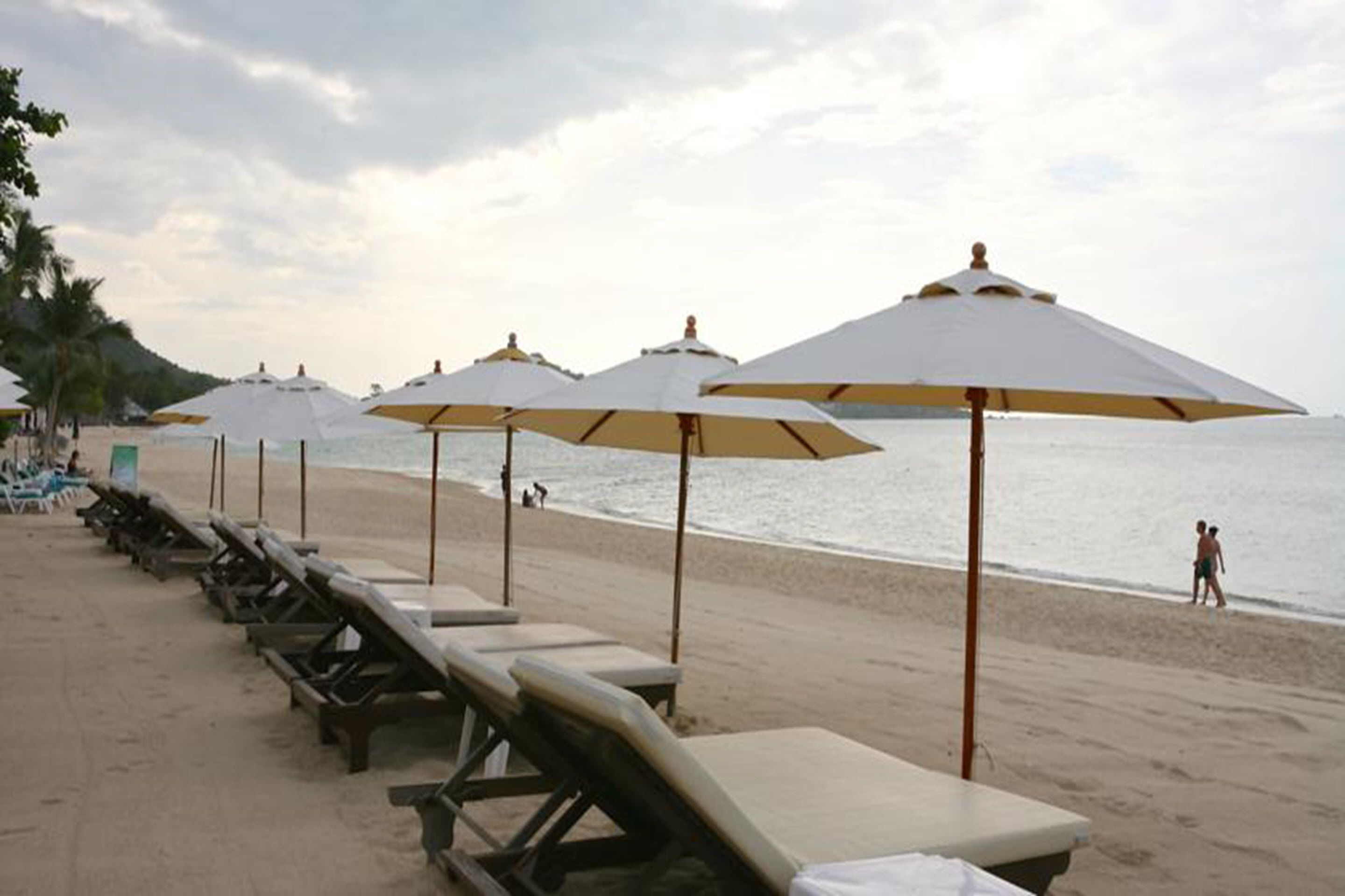 A beach with sun loungers and umbrellas, a sandy shore, and the ocean in the background.