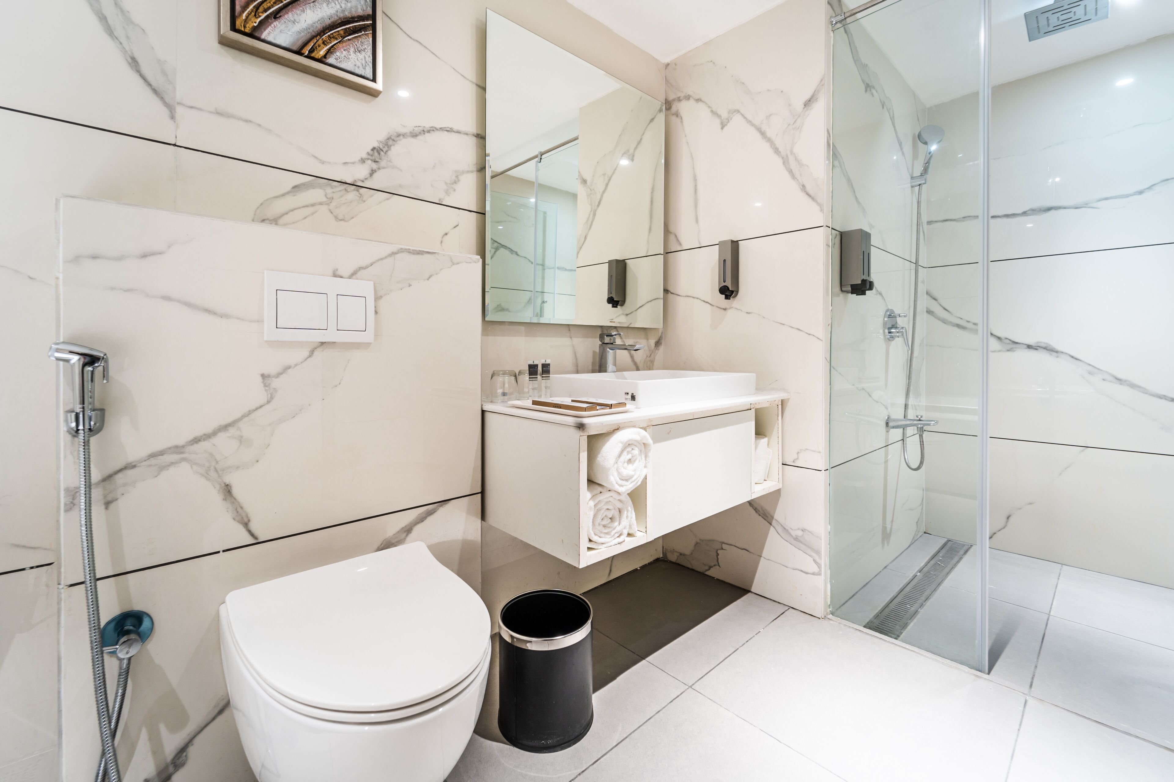 suite | bathroom | shower, slippers, towels