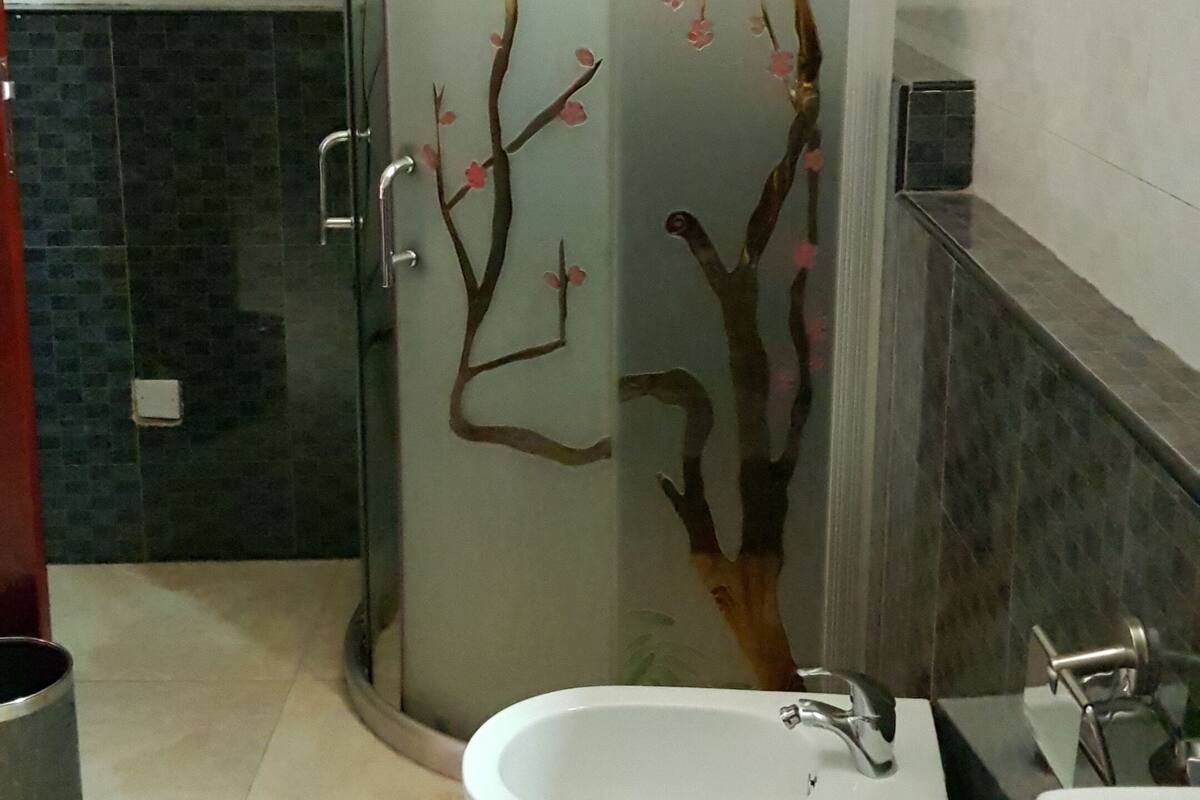 Une salle de bain avec une douche à parois de verre, un lavabo blanc et des toilettes.
