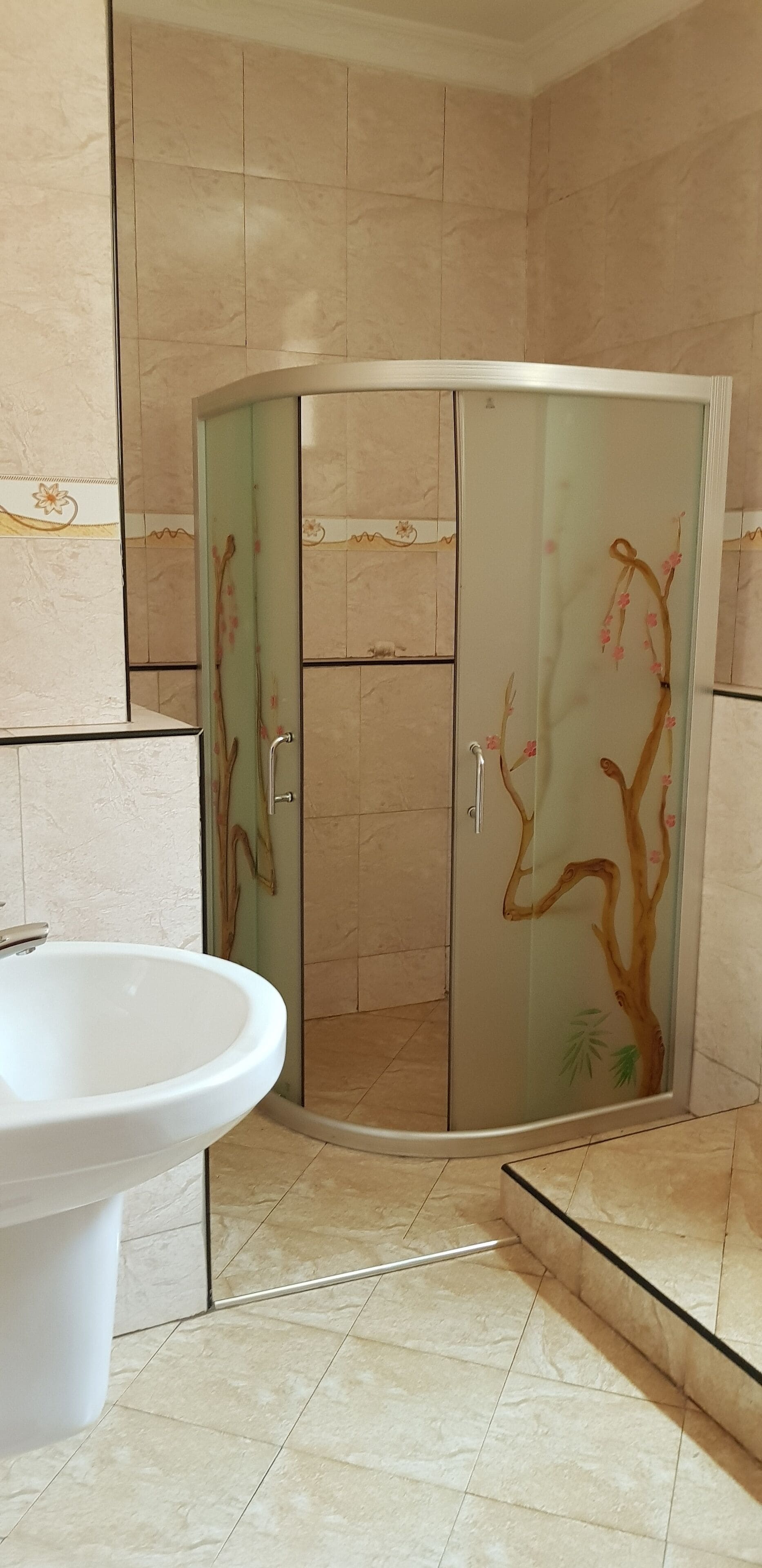 Une salle de bain avec une douche à parois de verre, un lavabo blanc et des murs carrelés.