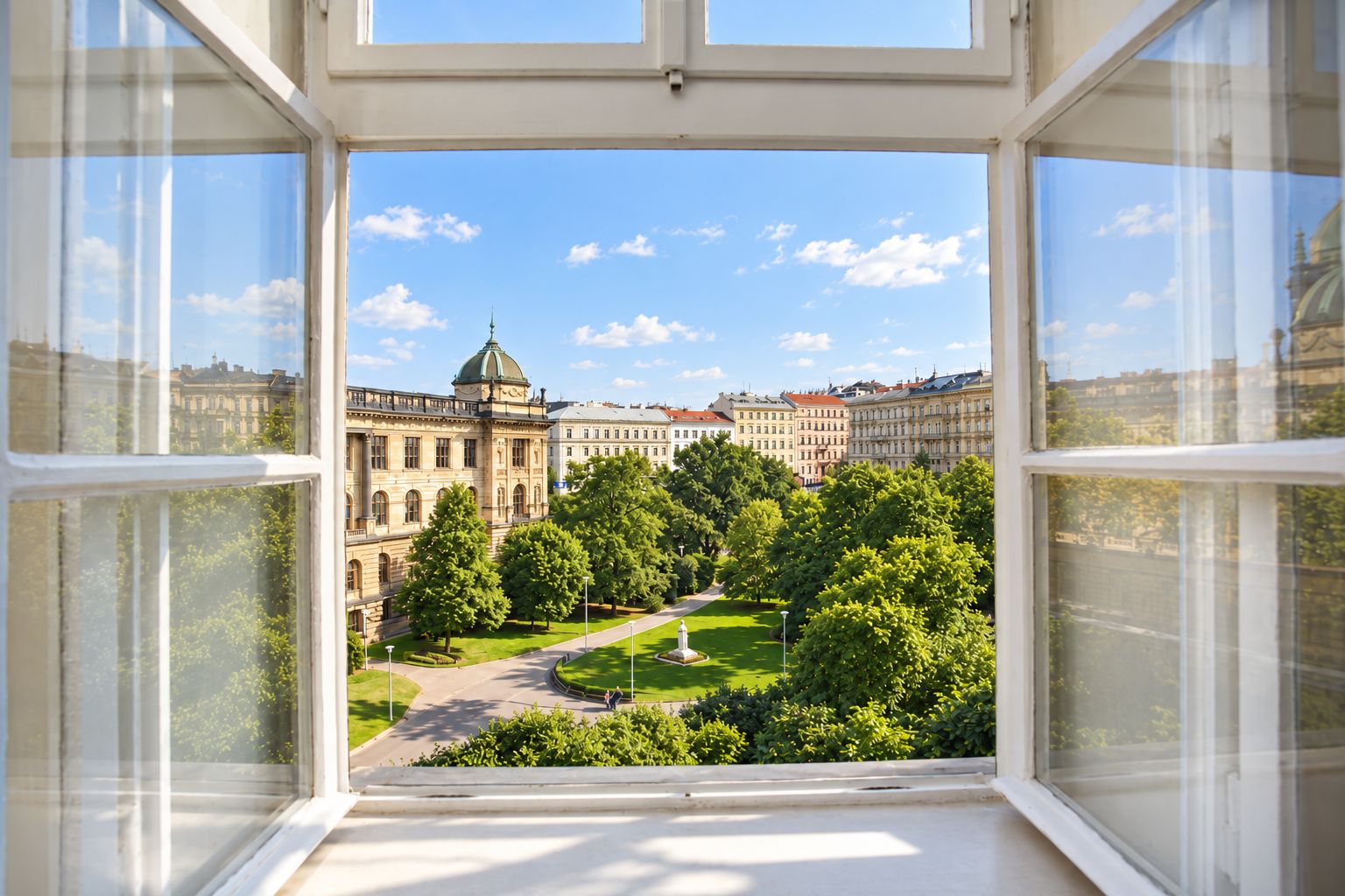 Blick durch ein Fenster auf einen wolkenlosen Himmel, ein großes Gebäude mit Kuppel und einen gepflegten Garten.