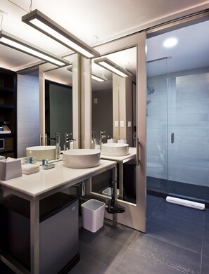 Regadera, amenidades de baño de diseñador, secadora de cabello, toallas 