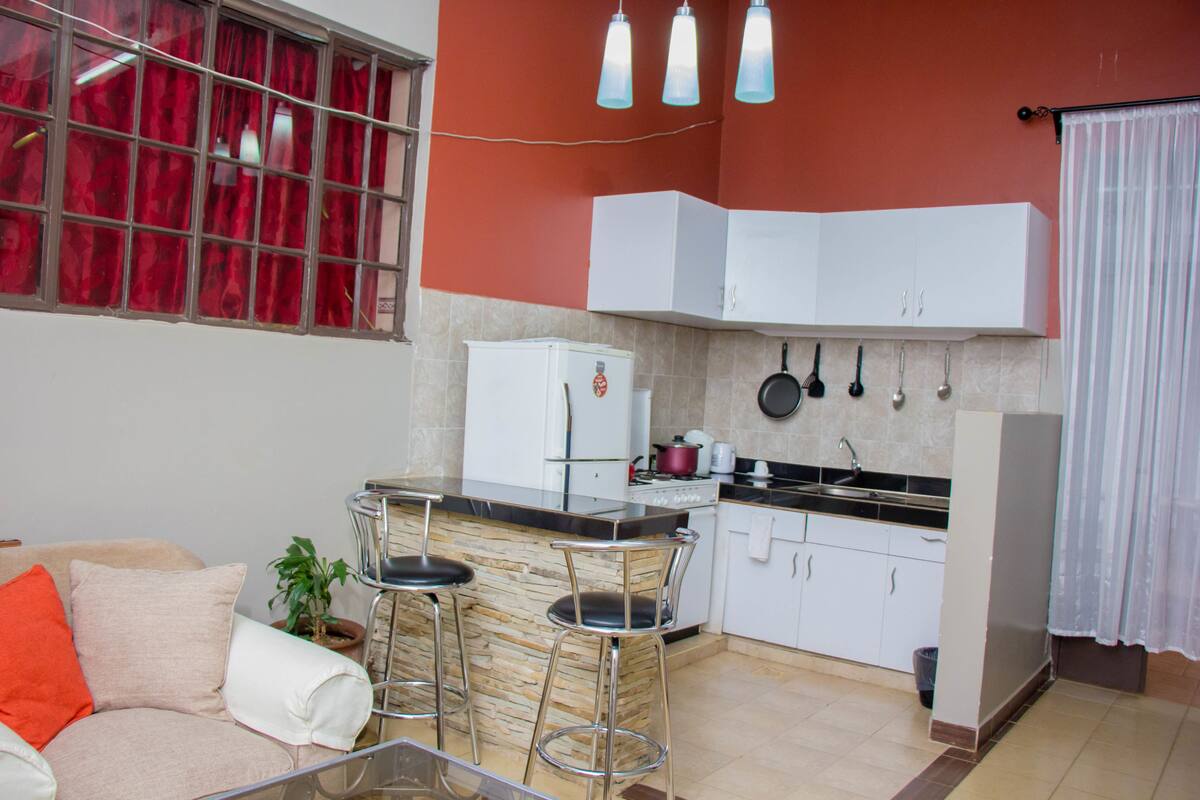 A compact kitchen with a bar area, white cabinets, and a red accent wall.