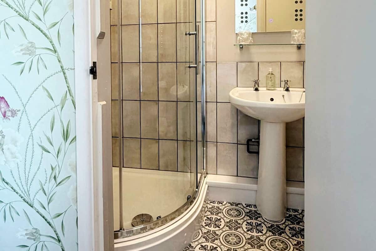Baño con ducha, lavabo y espejo.