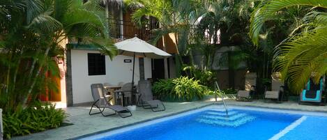 Outdoor pool, pool umbrellas