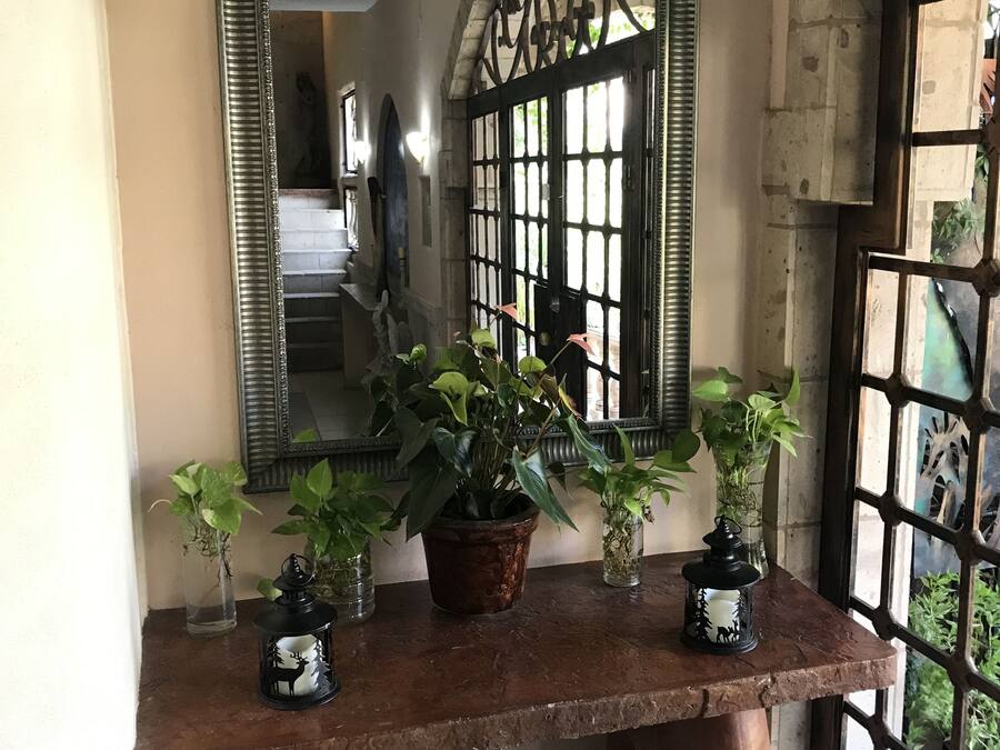 A wooden console table with potted plants and decorative lanterns in a hallway with a large mirror and arched windows.