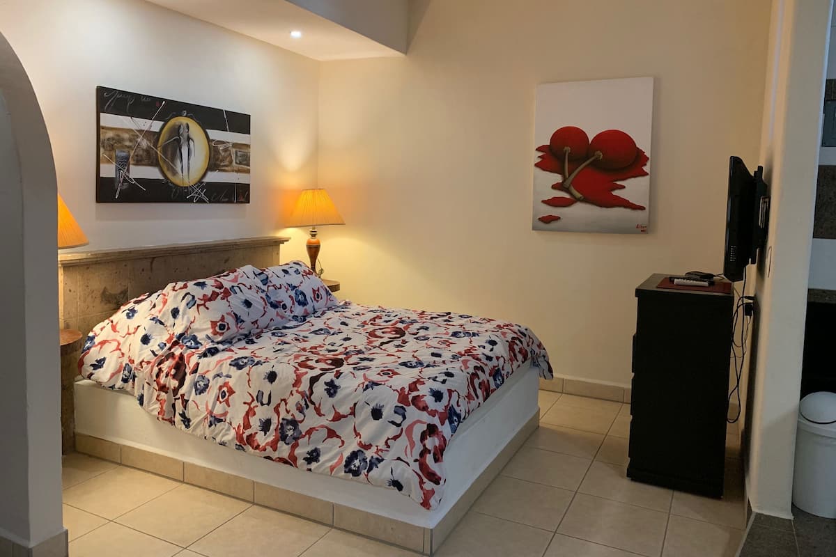 Une chambre à coucher avec un lit, une table de chevet, une lampe, un téléviseur et des œuvres d’art accrochées aux murs.