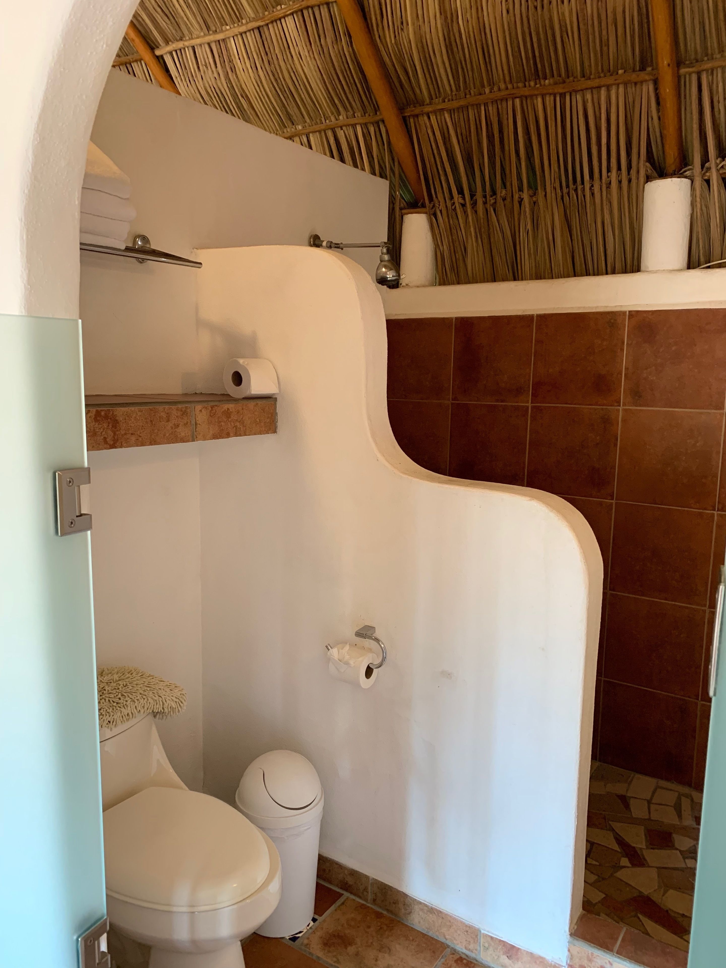 Une salle de bain avec des toilettes blanches, une poubelle, un porte-serviettes et un espace douche aux carreaux bruns.