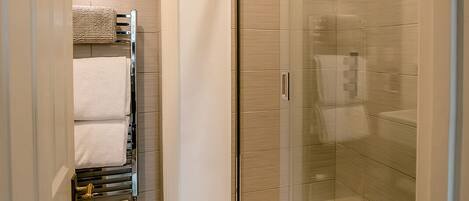 A modern bathroom with a glass shower enclosure, a wooden floor, and a towel rack with towels.