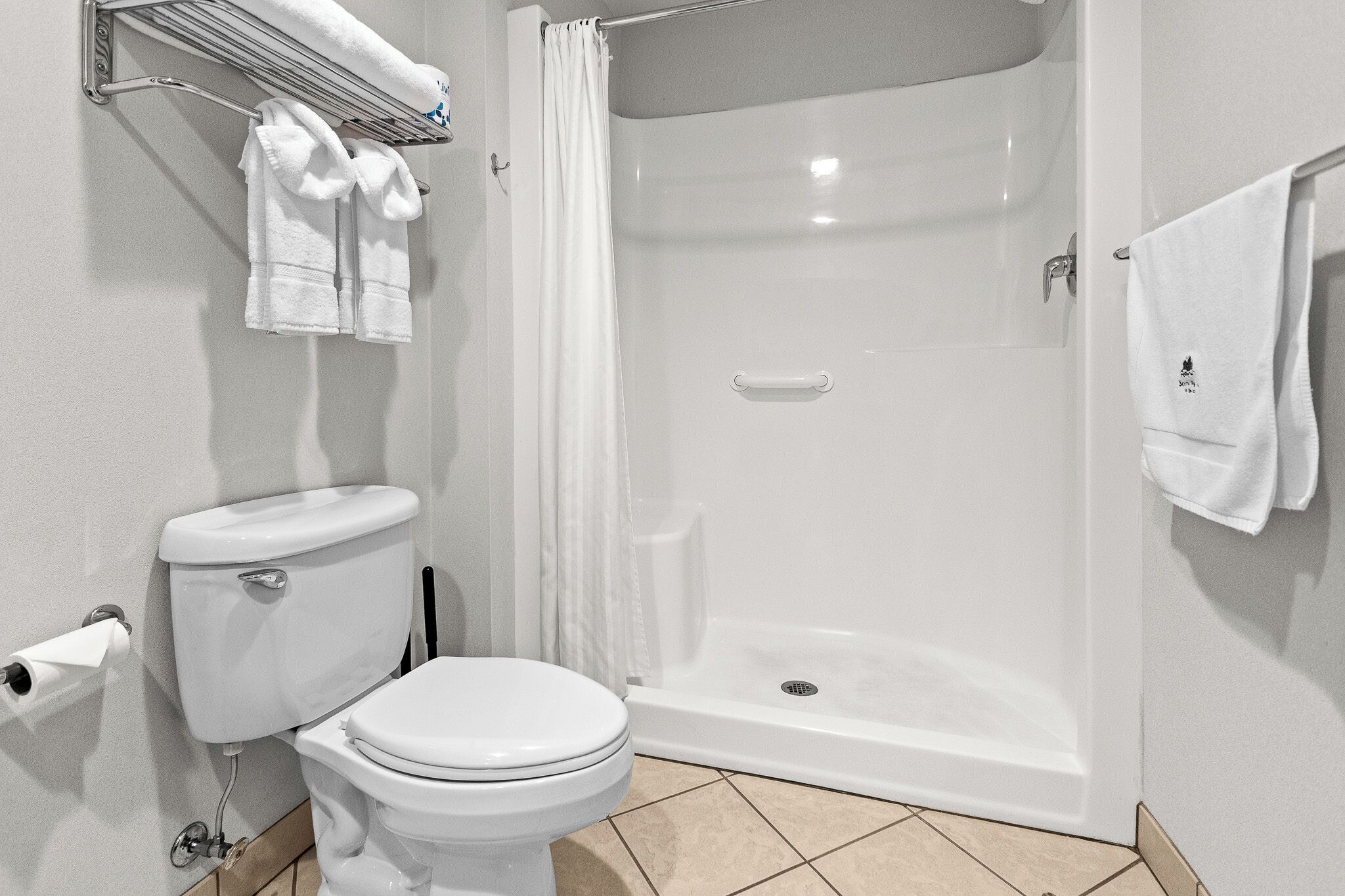A bathroom with a toilet, a shower, and a towel rack.