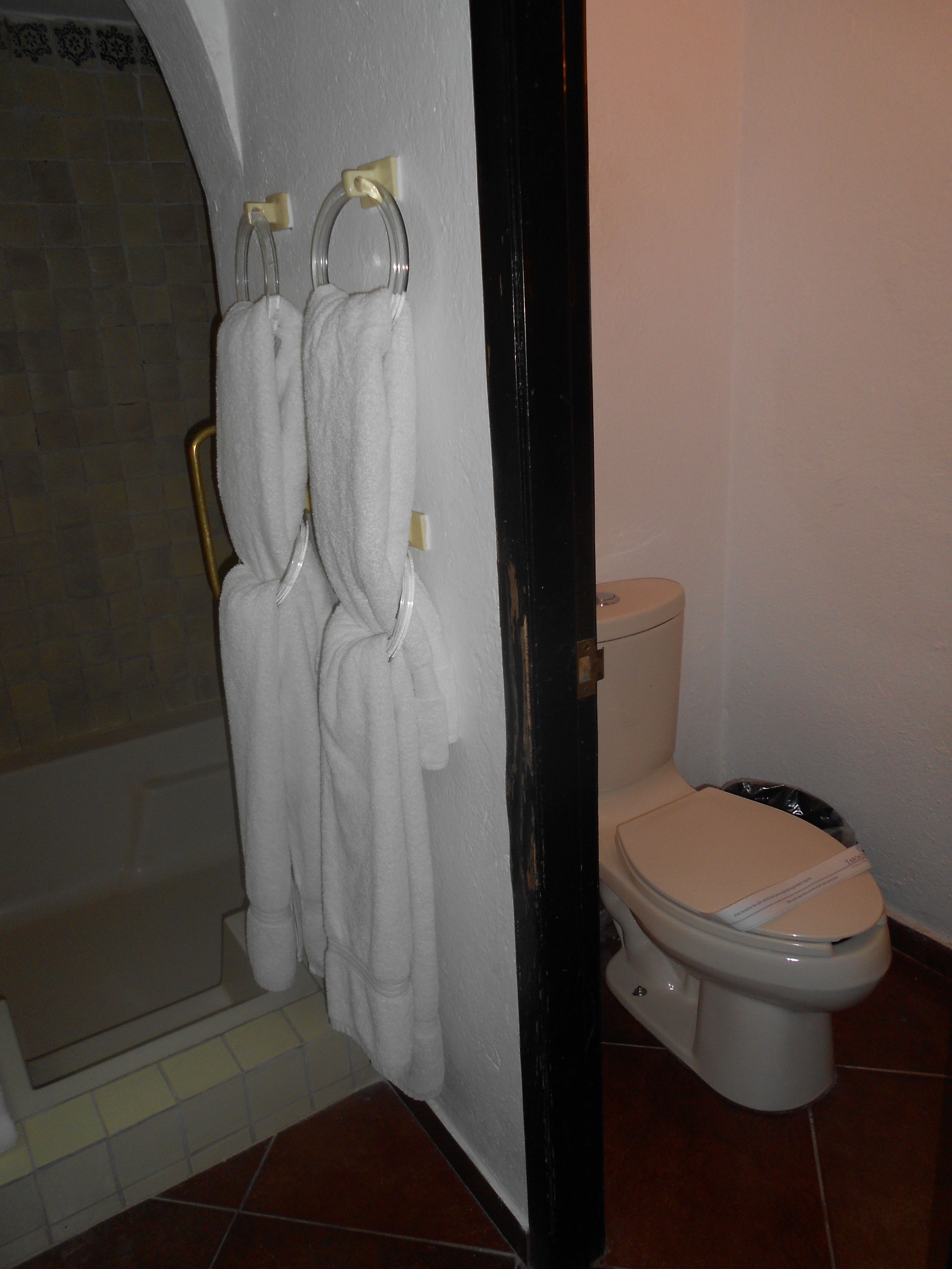 A bathroom with a toilet, a shower, and two towels hanging on a rack.