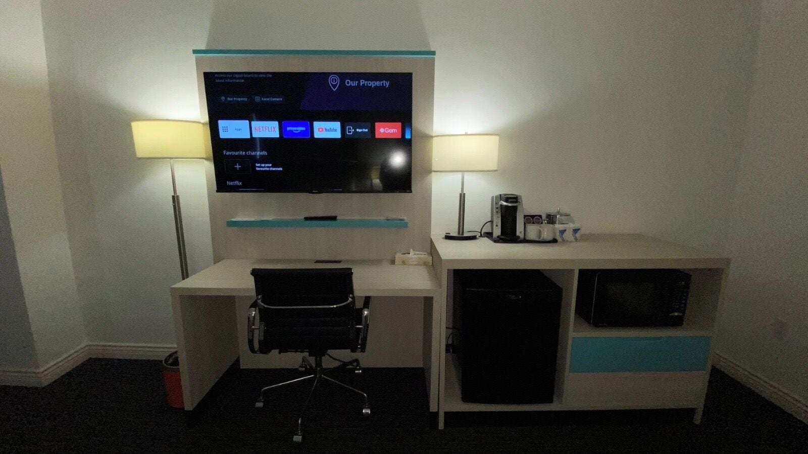 Desk, laptop workspace, blackout drapes, soundproofing