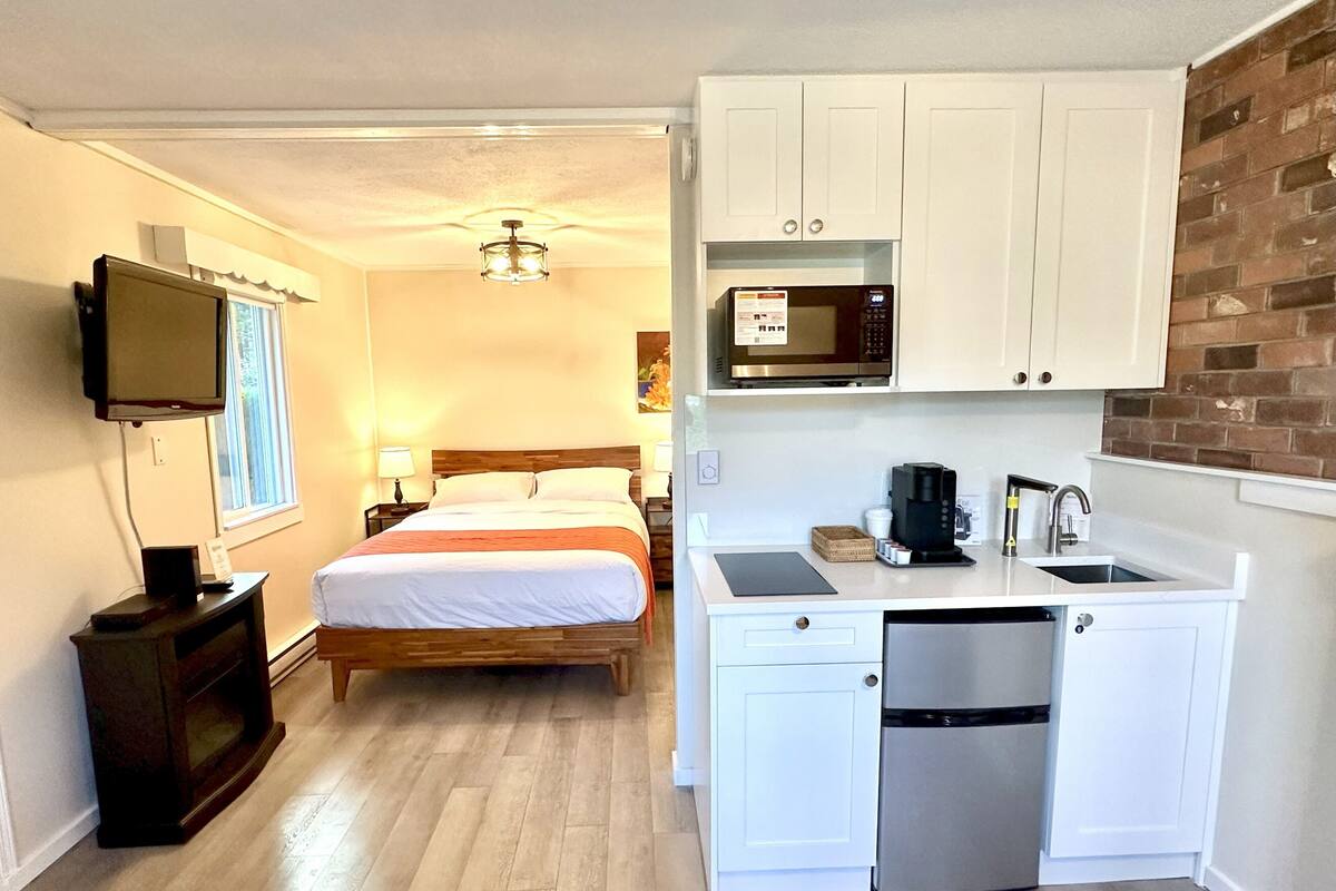 A compact hotel room with a bed, a television, a kitchenette with a microwave, and a small refrigerator.