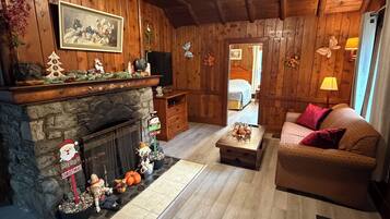 A cozy living room with a stone fireplace, wooden walls, a sofa, and a television.